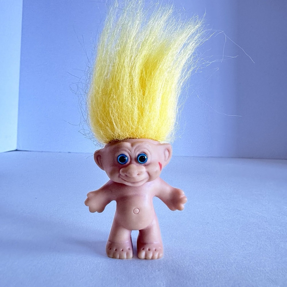 Vintage Troll Doll Yellow Hair Blue Eyes Heart on Cheek 2"